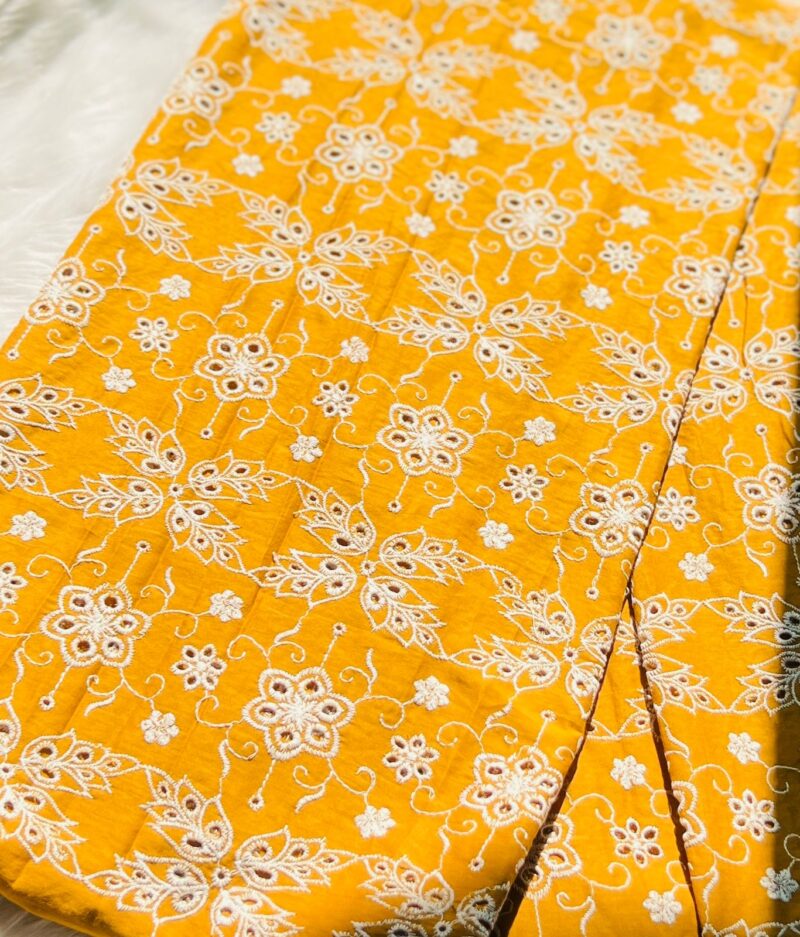 Chikankari Mustard Cotton Floral Embroidered Fabric - Image 2