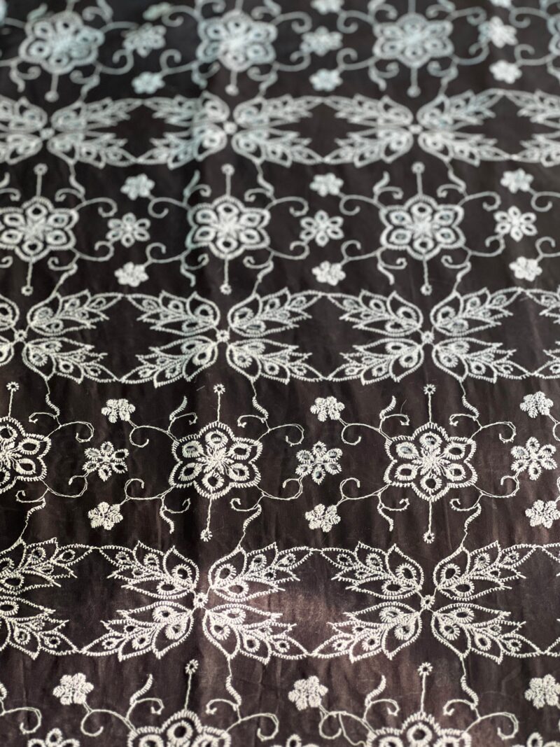 Chikankari Black Cotton Floral Embroidered Fabric - Image 4