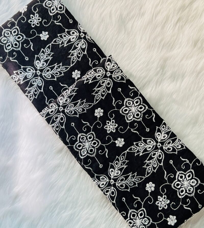 Chikankari Black Cotton Floral Embroidered Fabric - Image 3