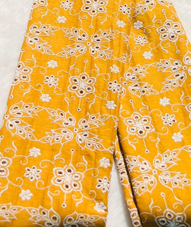 Chikankari Mustard Cotton Floral Embroidered Fabric - Image 4