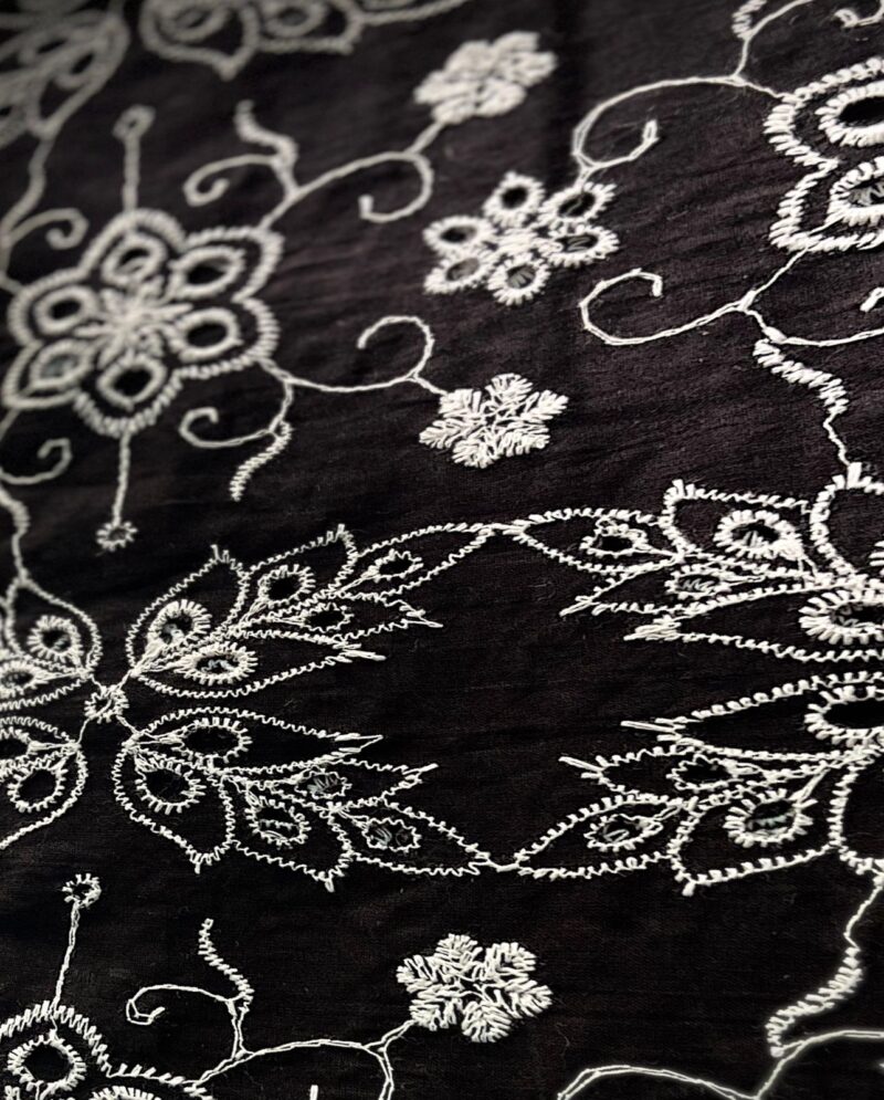 Chikankari Black Cotton Floral Embroidered Fabric - Image 2