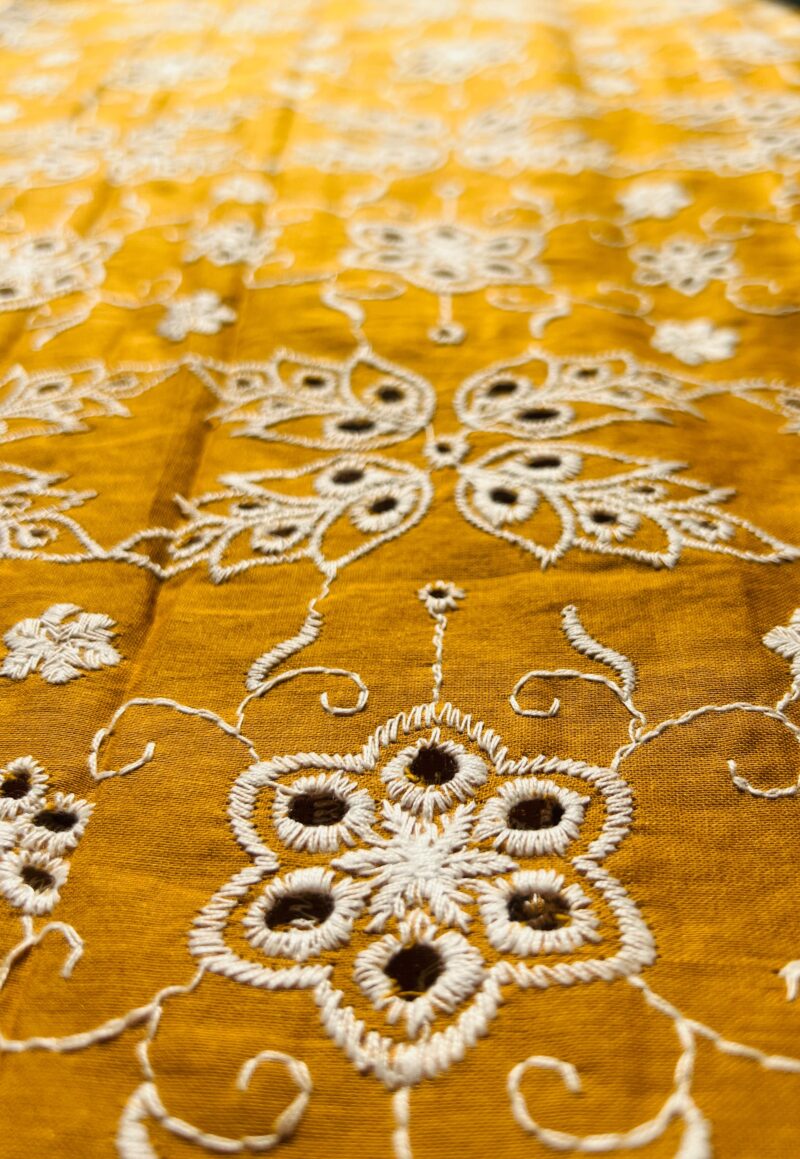 Chikankari Mustard Cotton Floral Embroidered Fabric - Image 5