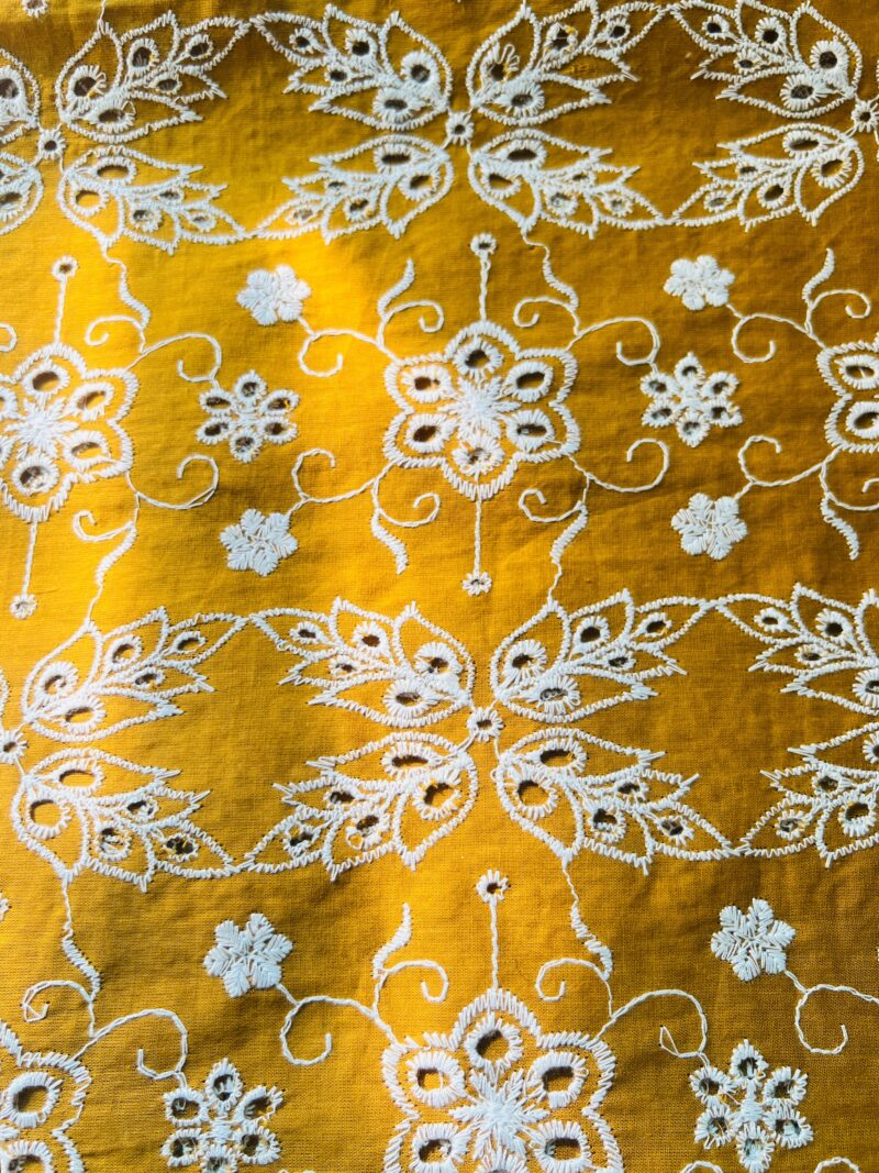 Chikankari Mustard Cotton Floral Embroidered Fabric - Image 3